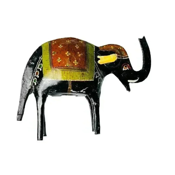 Hand Painted Indian Folk Art Metal Elephant Statue - Trunk Up for Good Luck - Picture 3 of 5